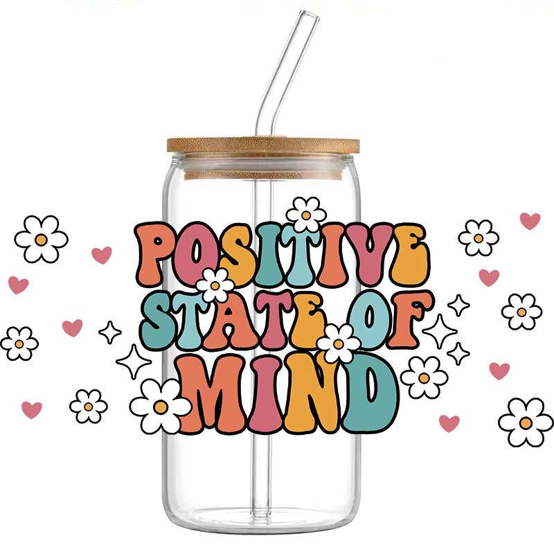 Positive State of Mind - Staklena čaša sa poklopcem i slamkom