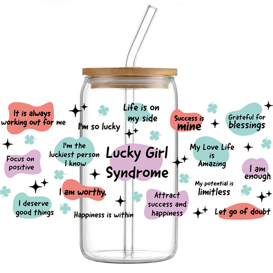 Lucky Girl Syndrome - Staklena čaša sa poklopcem i slamkom