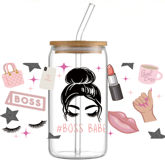 Boss Babe - Staklena čaša sa poklopcem i slamkom