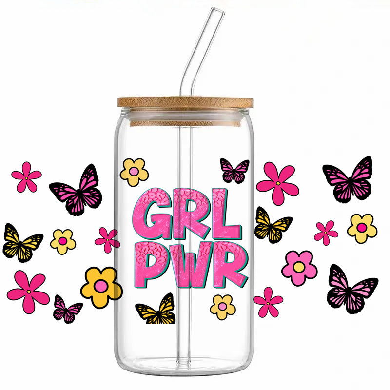 Grl Pwr - Staklena čaša sa poklopcem i slamkom